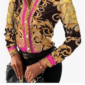 Baroque Print Button-Up Blouse